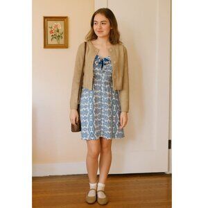 Anthropologie Dress Sz S Silk Paisley Teal & Cream Elastic Waist Ruffles Boho